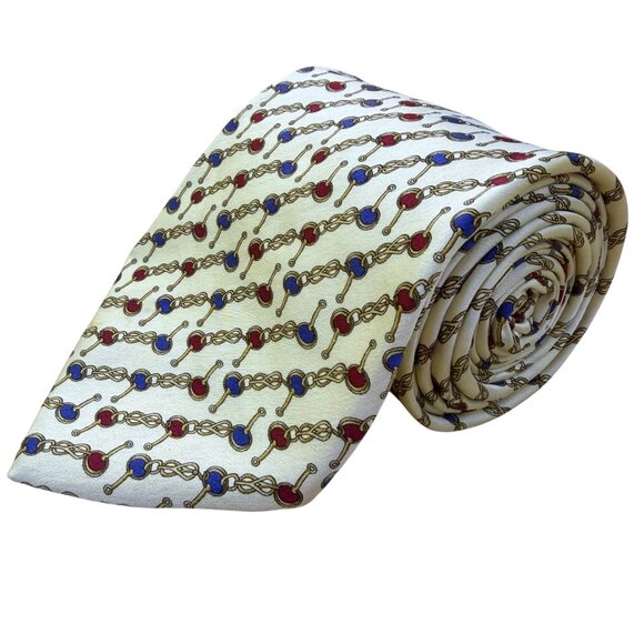 Tom James Mens Ivory Silk Tie Chain Link Red & Blue Pattern Elegant Made In USA - Picture 1 of 8